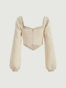 SHEIN MOD Knot Front Lantern Sleeve Bandana Hem Crop Blouse - Beige - View 6