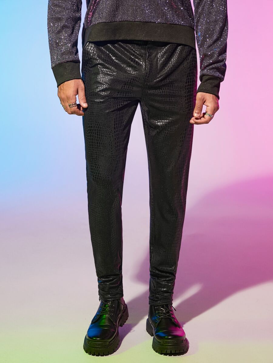 Manfinity Men Crocodile Embossed PU Leather Trousers - Black - View 1