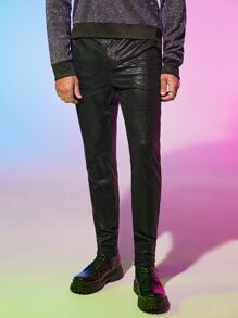 Manfinity Men Crocodile Embossed PU Leather Trousers - Black - View 2