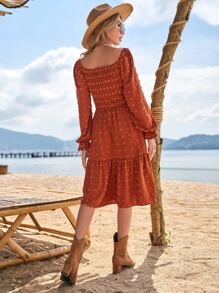 SHEIN VCAY Swiss Dot Ruffle Hem A-line Dress - Brown - View 3