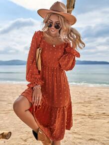 SHEIN VCAY Swiss Dot Ruffle Hem A-line Dress - Brown - View 4