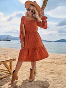 SHEIN VCAY Swiss Dot Ruffle Hem A-line Dress - Brown - View 6