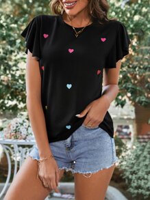 SHEIN LUNE 愛心刺繡蝴蝶袖T恤