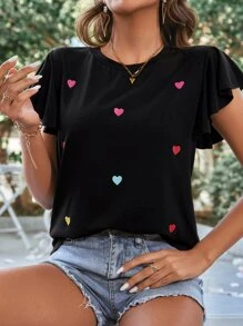 SHEIN LUNE 愛心刺繡蝴蝶袖T恤