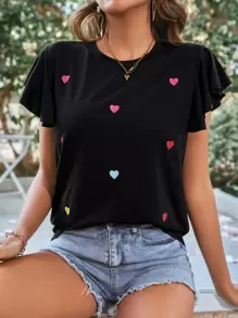 SHEIN LUNE 愛心刺繡蝴蝶袖T恤