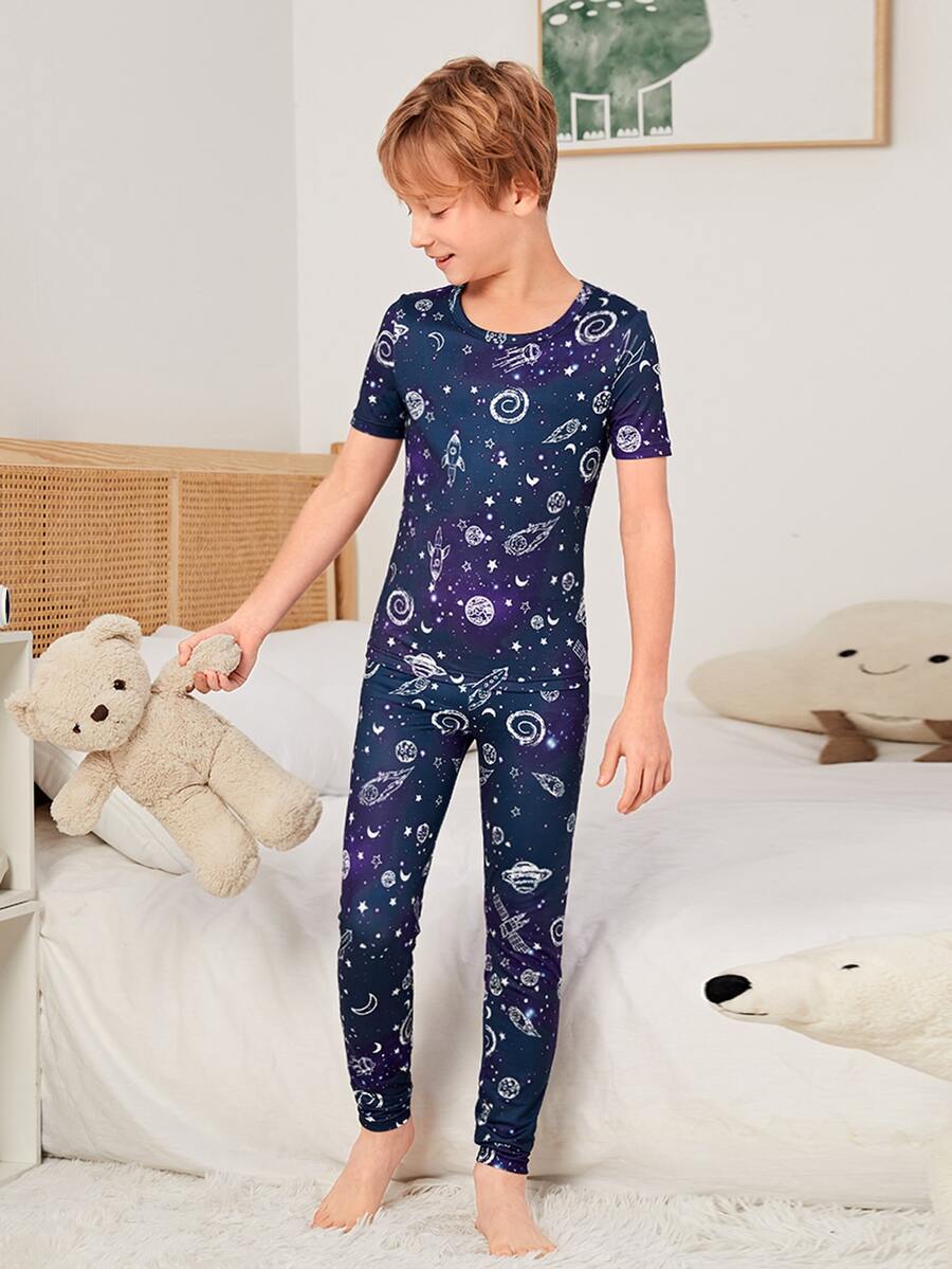 Boys Galaxy Print Snug Fit PJ Set - Navy Blue - View 1