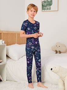 Boys Galaxy Print Snug Fit PJ Set - Navy Blue - View 3