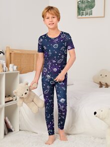 Boys Galaxy Print Snug Fit PJ Set - Navy Blue - View 5