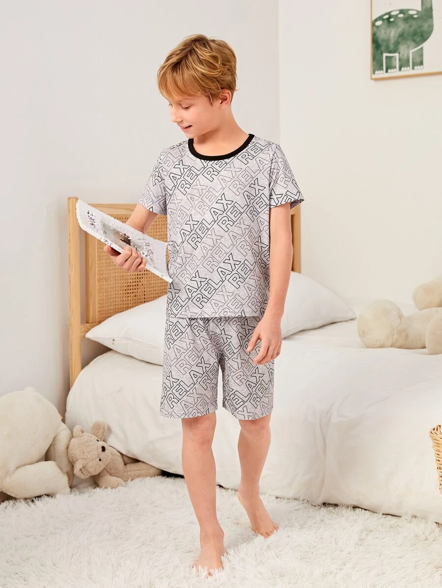 Boys Allover Letter Graphic Contrast Binding PJ Set - Khaki - View 1