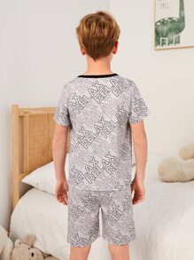 Boys Allover Letter Graphic Contrast Binding PJ Set - Khaki - View 2