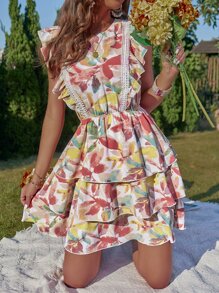 SHEIN WYWH Allover Print Guipure Lace Insert Tie Backless Ruffle Trim Layer Hem Dress - Multicolor - View 2