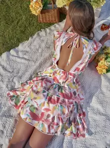 SHEIN WYWH Allover Print Guipure Lace Insert Tie Backless Ruffle Trim Layer Hem Dress - Multicolor - View 1