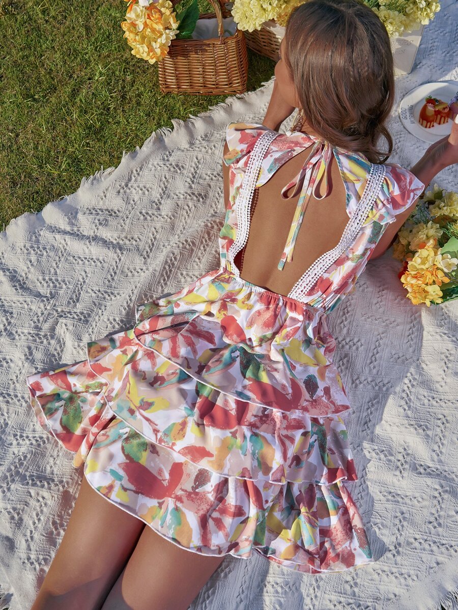 SHEIN WYWH Allover Print Guipure Lace Insert Tie Backless Ruffle Trim Layer Hem Dress - Multicolor - View 1