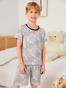 Boys Allover Letter Graphic Contrast Binding PJ Set - Khaki - View 3