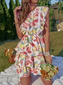 SHEIN WYWH Allover Print Guipure Lace Insert Tie Backless Ruffle Trim Layer Hem Dress - Multicolor - View 4