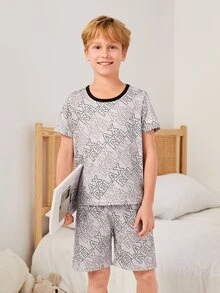 Boys Allover Letter Graphic Contrast Binding PJ Set - Khaki - View 4
