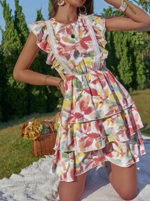 SHEIN WYWH Allover Print Guipure Lace Insert Tie Backless Ruffle Trim Layer Hem Dress - Multicolor - View 6