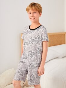 Boys Allover Letter Graphic Contrast Binding PJ Set - Khaki - View 5