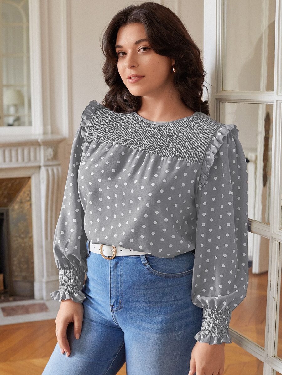 SHEIN Frenchy 大碼波卡圓點打攬木耳邊燈籠袖襯衫 - 灰色 - 查看 1