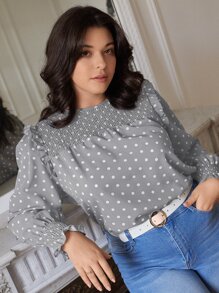 SHEIN Frenchy 大碼波卡圓點打攬木耳邊燈籠袖襯衫 - 灰色 - 查看 2