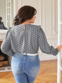 SHEIN Frenchy 大碼波卡圓點打攬木耳邊燈籠袖襯衫 - 灰色 - 查看 3