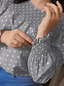 SHEIN Frenchy 大碼波卡圓點打攬木耳邊燈籠袖襯衫 - 灰色 - 查看 4