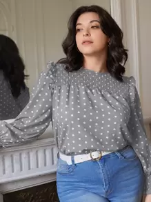 SHEIN Frenchy 大碼波卡圓點打攬木耳邊燈籠袖襯衫 - 灰色 - 查看 5