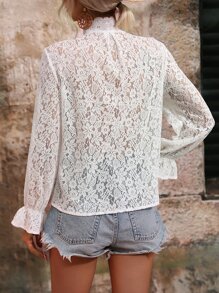 SHEIN LUNE Flounce Sleeve Lace Button Front Shirt - White - View 2