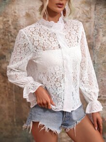 SHEIN LUNE Flounce Sleeve Lace Button Front Shirt - White - View 5