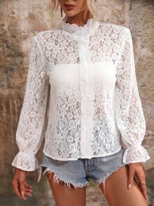 SHEIN LUNE Flounce Sleeve Lace Button Front Shirt - White - View 6