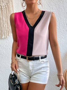 SHEIN Privé Colourblock V Neck Blouse - Pink - View 5