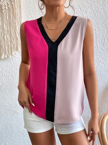 SHEIN Privé Colourblock V Neck Blouse - Pink - View 6