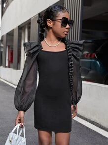 SHEIN 女孩燈籠袖荷葉邊後綁帶蝴蝶結洋裝 - 黑色 - 查看 3