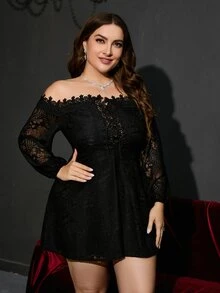 Double Crazy 大碼一字肩前繫帶拼接水溶蕾絲蕾絲連衣裙 - 黑色 - 查看 7