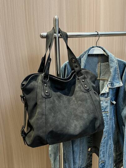 Sac fourre-tout avec détail clouté, sac vintage grande capacité, sac simple, sac portable pour le voyage et le travail, sac fourre-tout à la mode avec fermeture éclair, sac de travail attrayant pour femmes