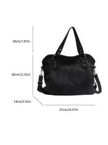 铆钉细节单肩手提包 复古大容量手提包，简约挎包，旅行和工作便携包，时尚拉链手提包，女士引人注目的工作包 - 黑色 - 查看 6