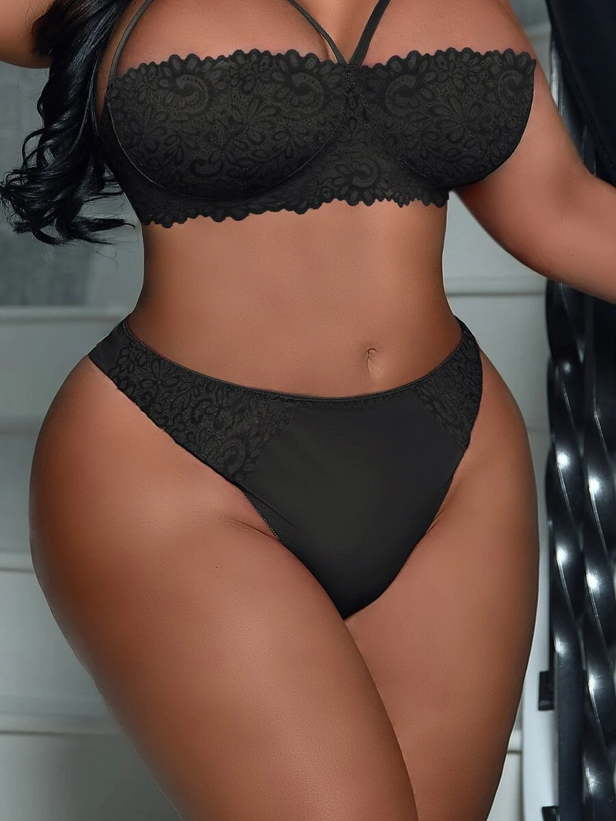 Plus Floral Lace Panty - Black - View 1