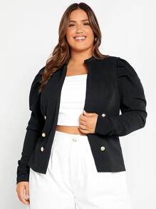 SHEIN Clasi Plus Puff Sleeve Double Breasted Jacket - Black - View 1