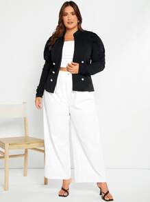 SHEIN Clasi Plus Puff Sleeve Double Breasted Jacket - Black - View 3