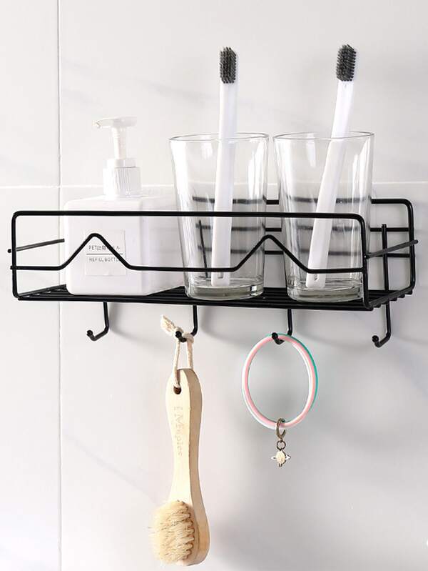 1pc Wallmounted Storage Rack, Black Iron Punchfree Bathroom Wall Rack With Hook, Adhesive