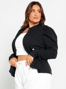 SHEIN Clasi Plus Puff Sleeve Double Breasted Jacket - Black - View 4