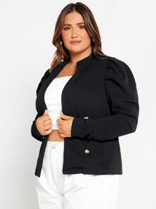 SHEIN Clasi Plus Puff Sleeve Double Breasted Jacket - Black - View 5