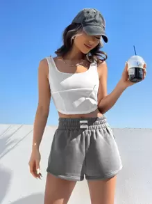 SHEIN EZwear Letter Patched Detail Wide Leg Shorts - Grey - View 2