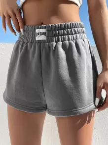 SHEIN EZwear Letter Patched Detail Wide Leg Shorts - Grey - View 4