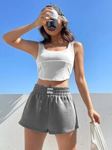 SHEIN EZwear Letter Patched Detail Wide Leg Shorts - Grey - View 6