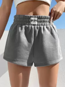 SHEIN EZwear Letter Patched Detail Wide Leg Shorts - Grey - View 7