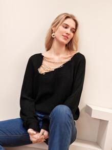 SHEIN Frenchy Jersey con diseño de cadena de manga raglán - Negro - Ver 3