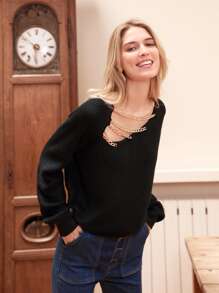 SHEIN Frenchy Jersey con diseño de cadena de manga raglán - Negro - Ver 4