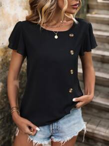 SHEIN LUNE Blusa de manga mariposa con diseño de botón - Negro - Ver 5