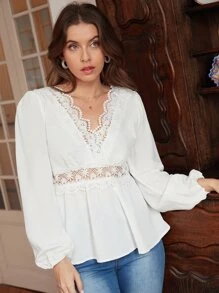 SHEIN Frenchy Contrast Guipure Lace Lantern Sleeve Peplum Top - White - View 1